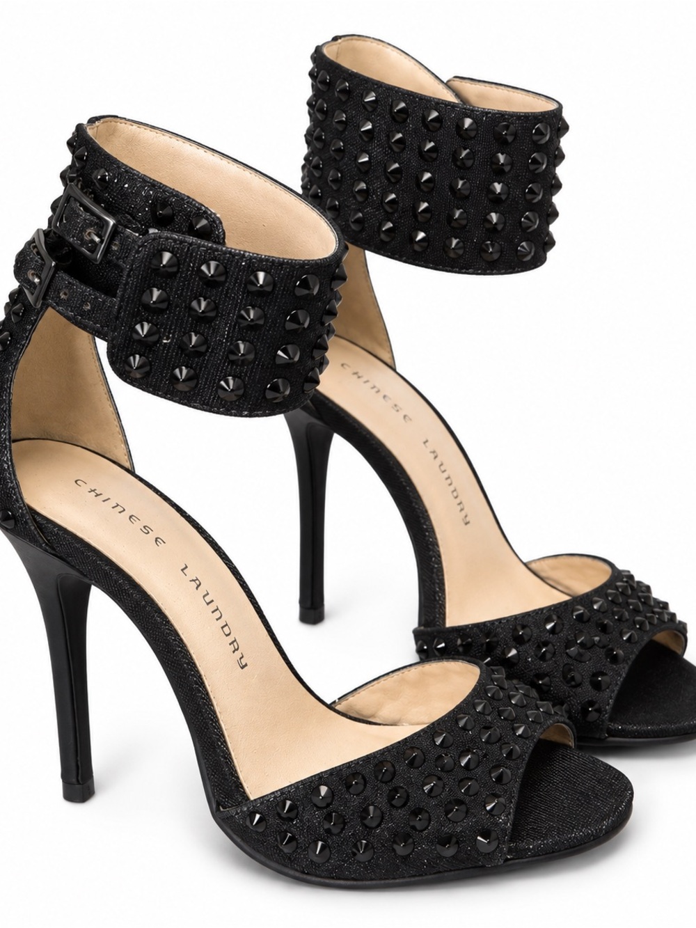 LIKE NEW Chinese Laundry Black Studded Open-Toe Ankle-Strap Heels Size 6.5